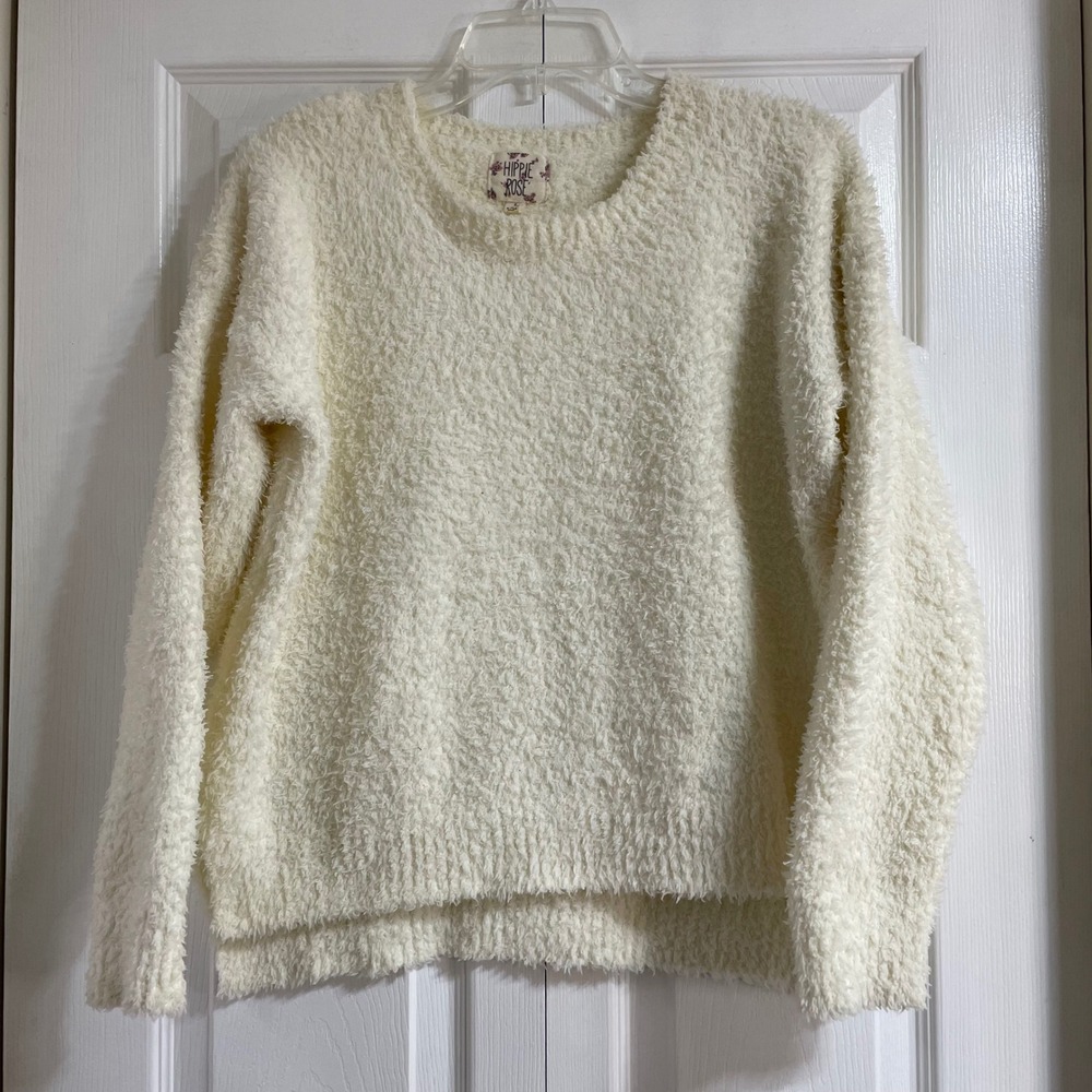 Hippie Rose Fuzzy Cozy Cream‎ Pullover Sweater Long Sleeve Size Large